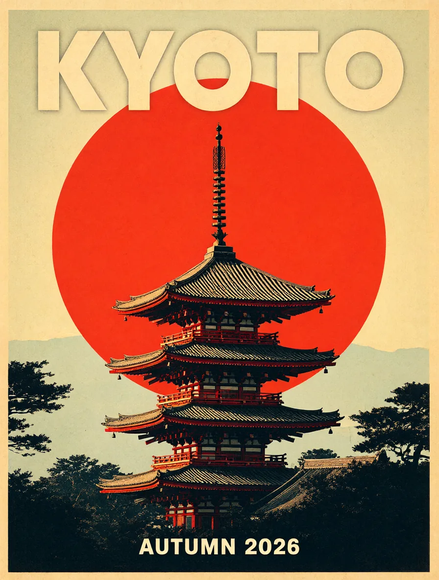 Retro Kyoto travel poster with the words KYOTO and AUTUMN 2026