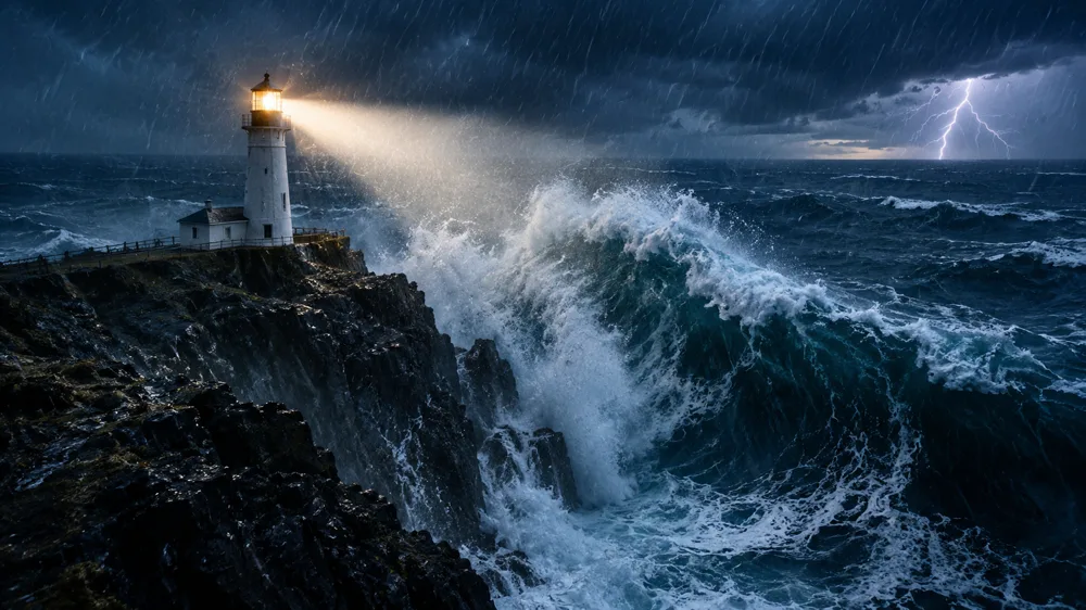 Lighthouse on a cliff as a storm wave rises, used as the first frame