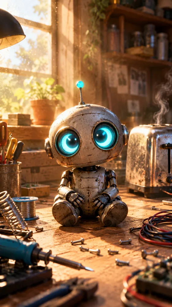 Small tin robot sitting on a workbench next to a toaster, used as the first frame