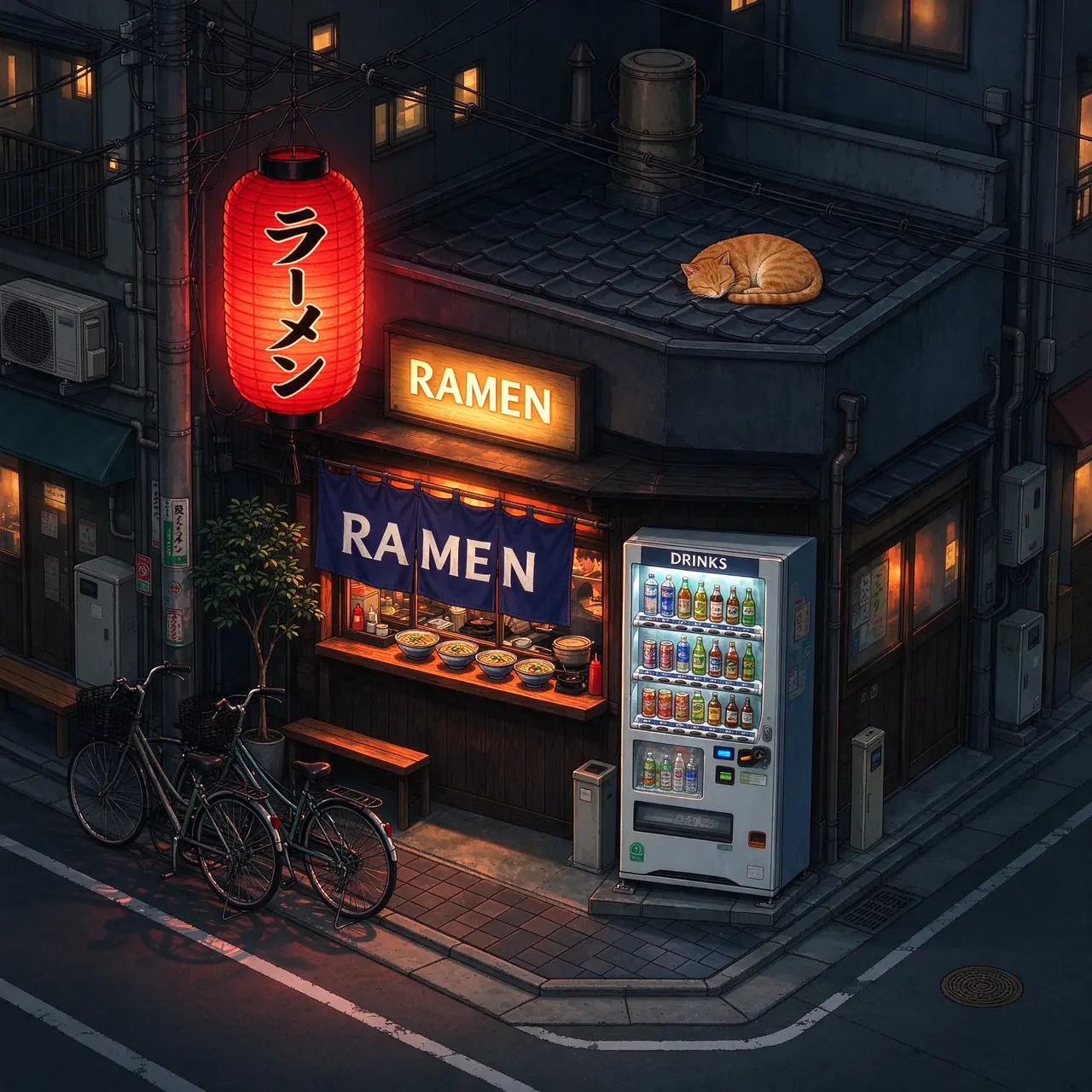 Detailed 2K illustration of a Tokyo ramen shop on a street corner at night