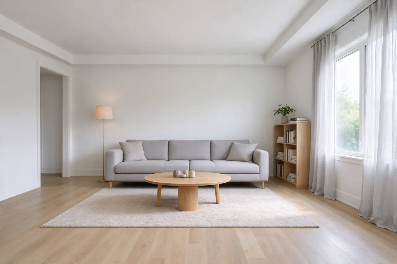After: the same room furnished in Scandinavian style with a gray sofa, oak coffee table and rug