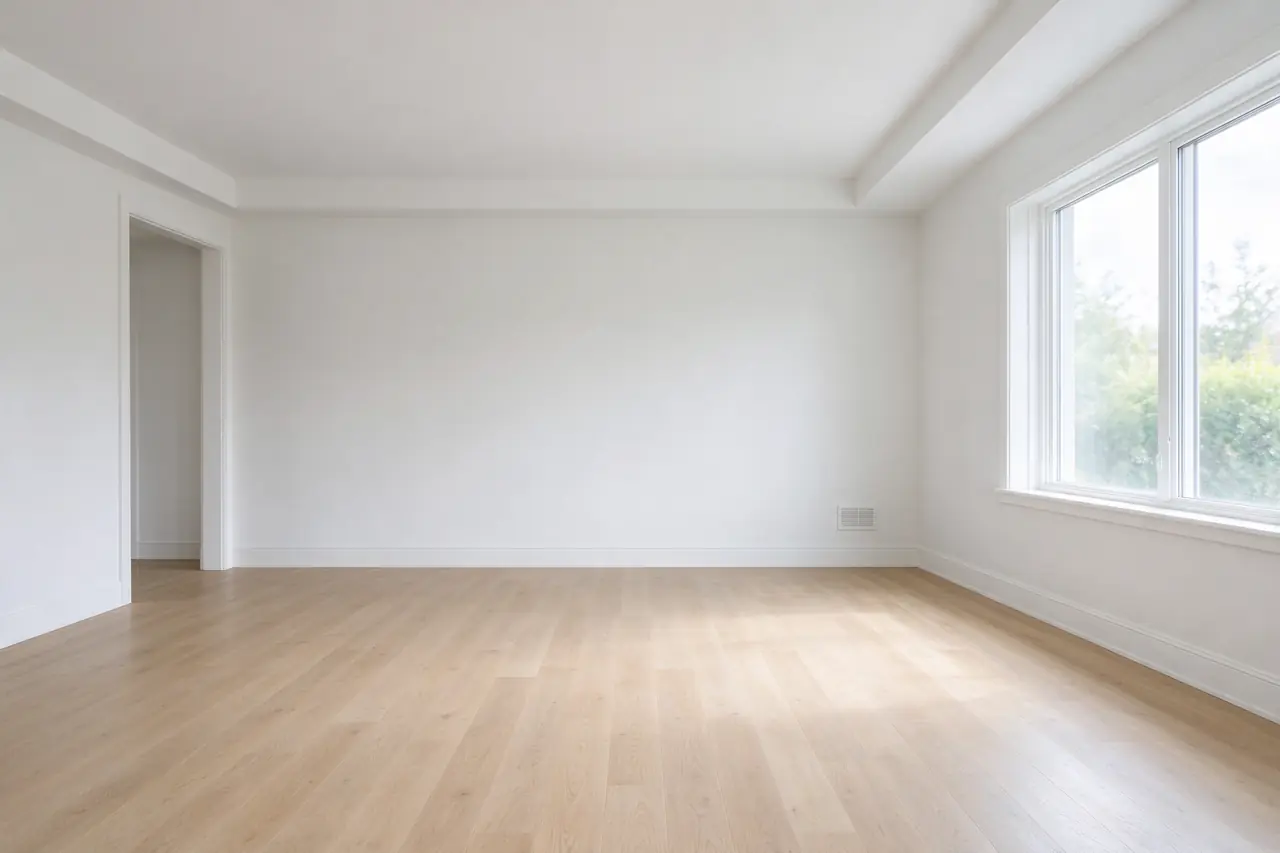 Before: empty living room with white walls and a light oak floor