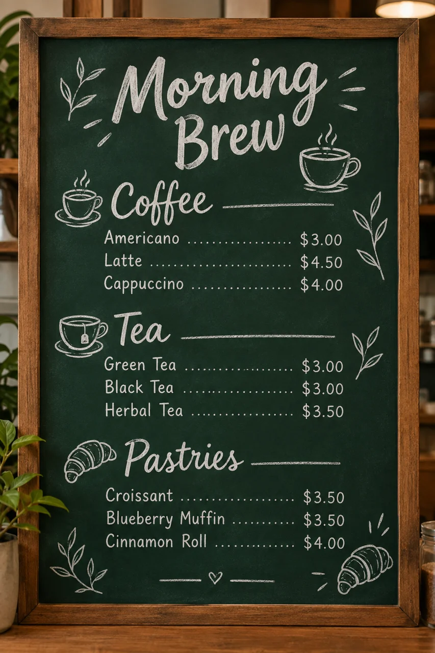 Chalkboard café menu titled Morning Brew with prices