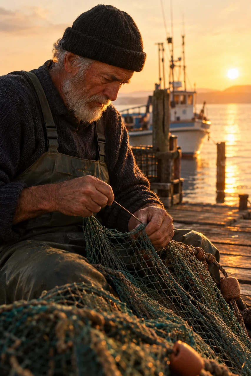 Cinematic golden-hour photo of an elderly fisherman mending a net
