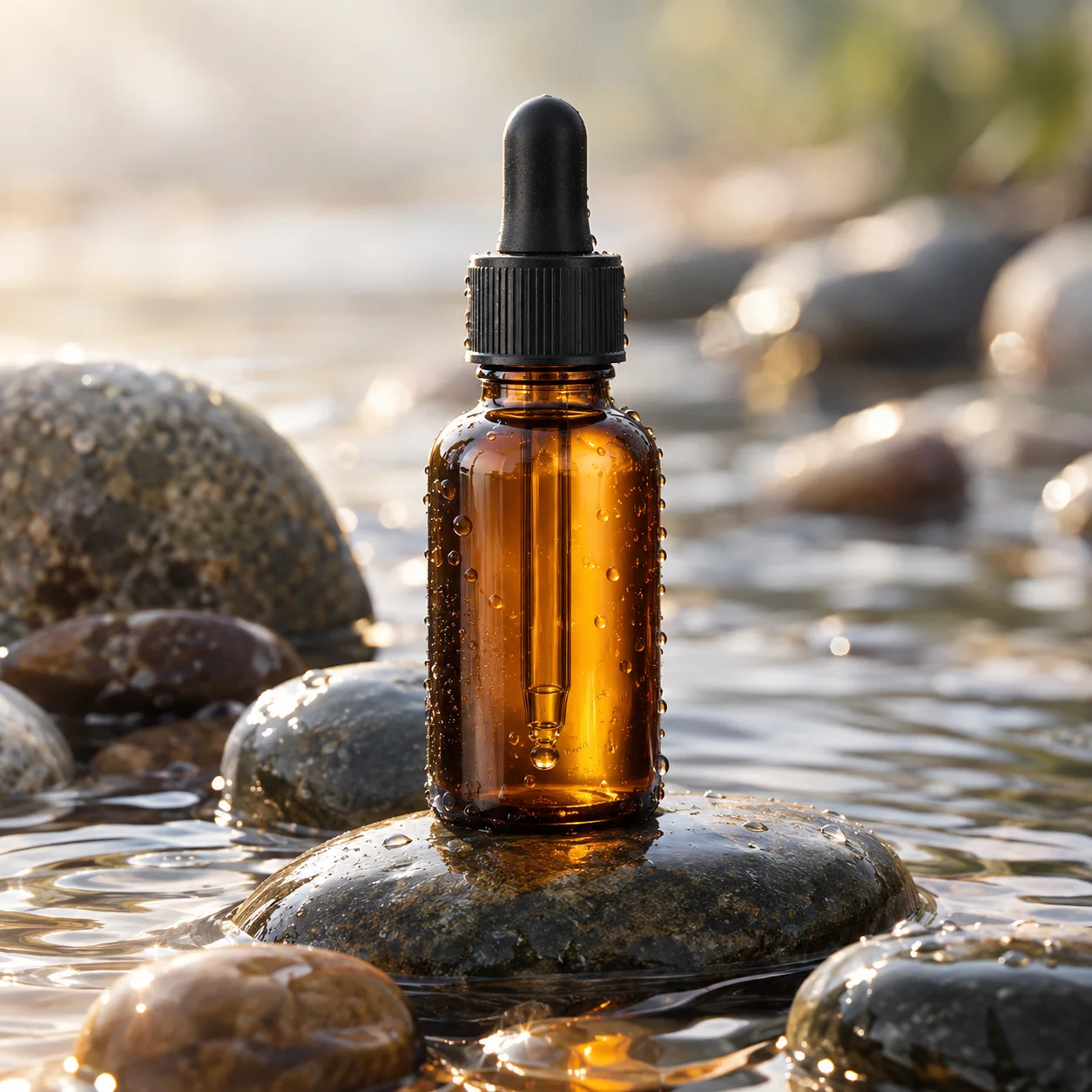 AI product photo of an amber serum bottle on wet river stones