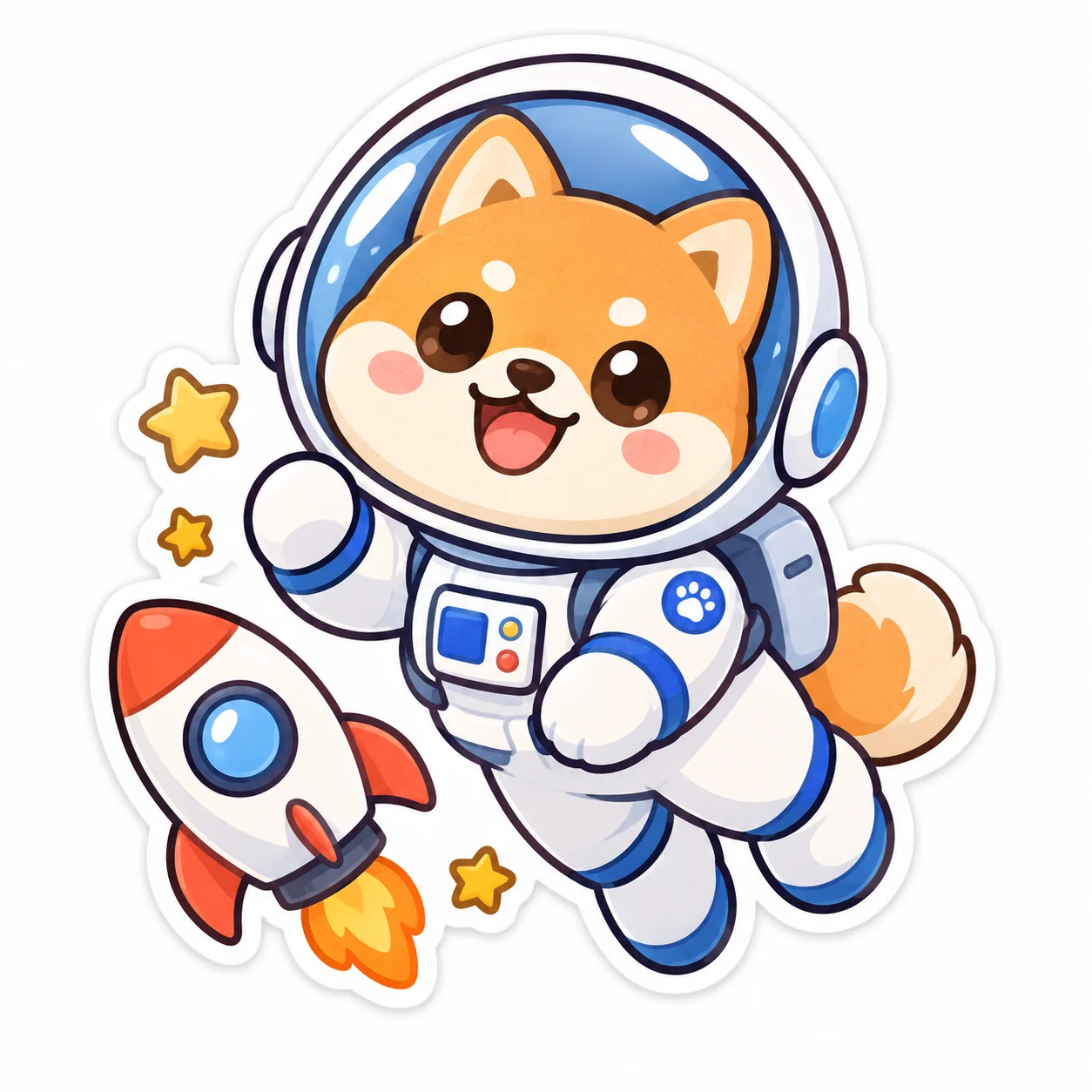 Kawaii sticker of a shiba inu astronaut with a white border