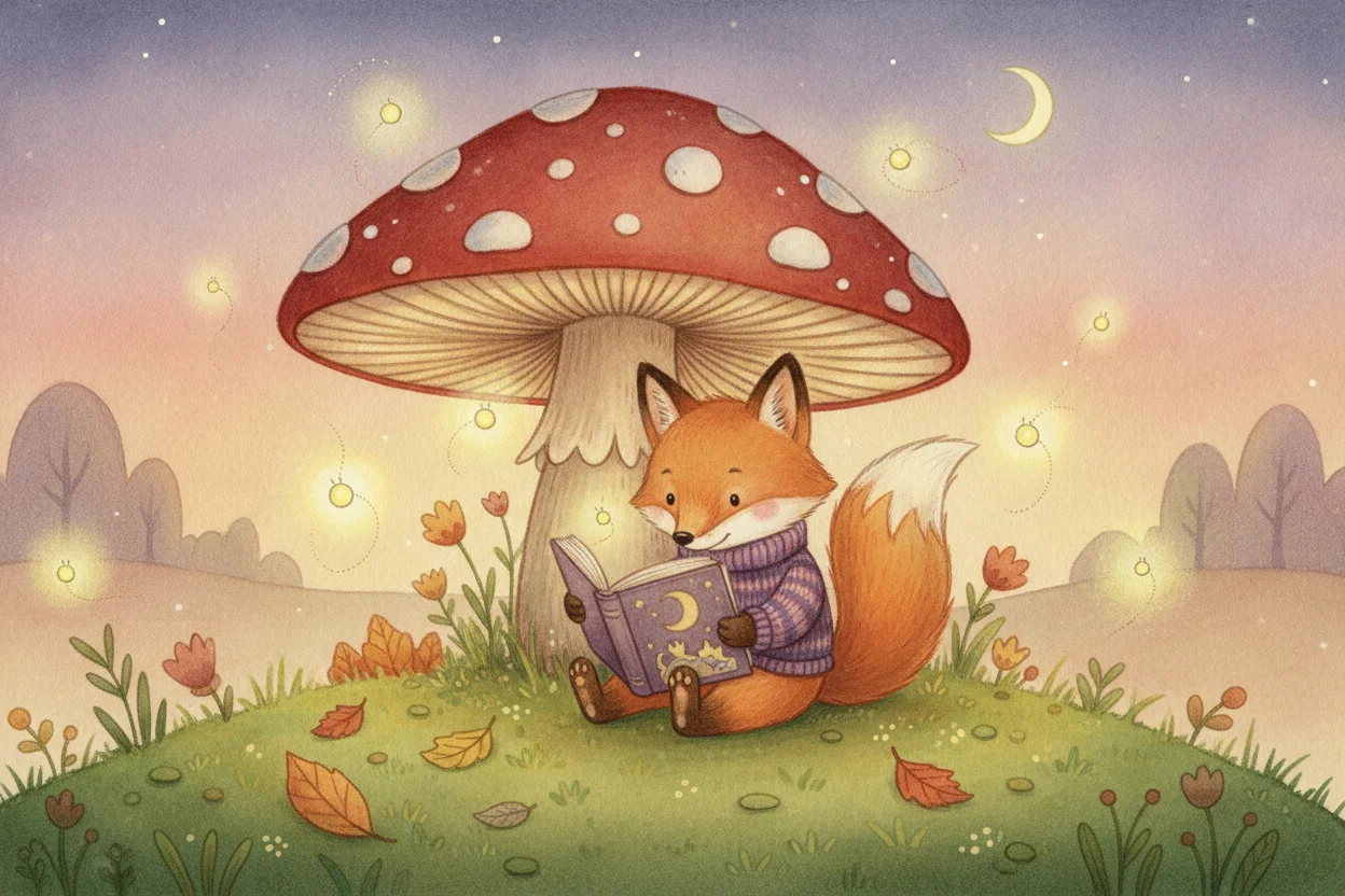 Watercolor illustration of a fox reading under a giant mushroom