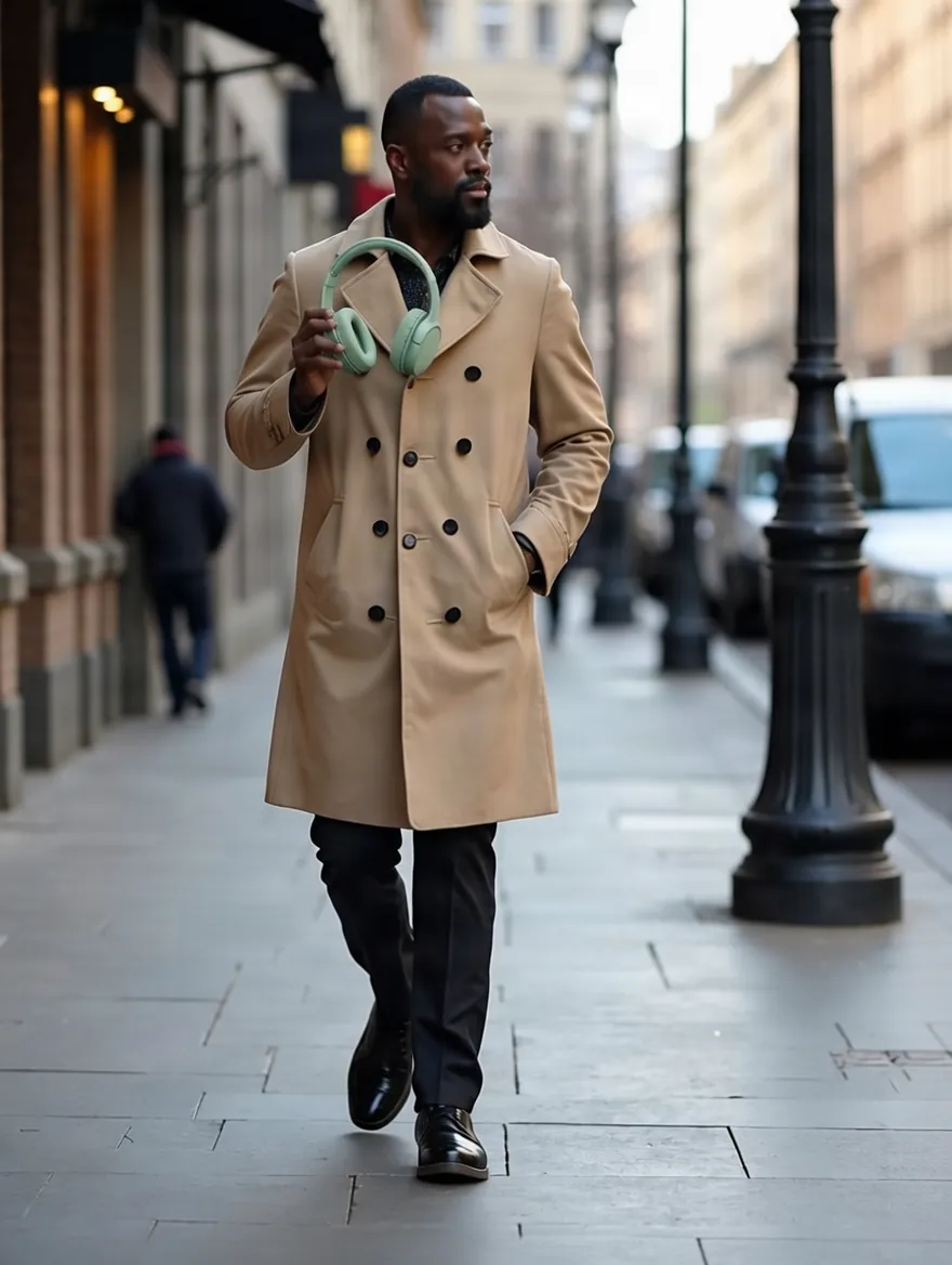 Product holding result: man in a trench coat walking down a street holding sage green headphones