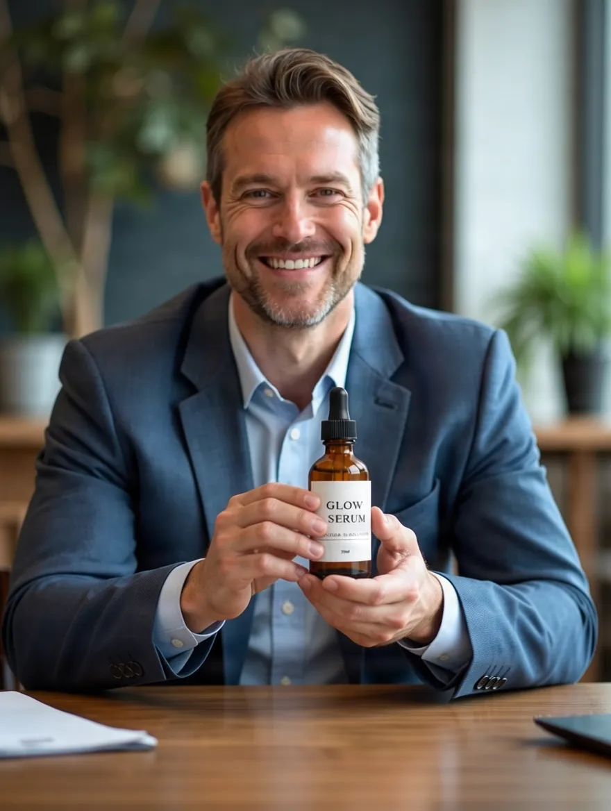 Product holding result: man at a desk holding a serum dropper bottle with the label facing the camera