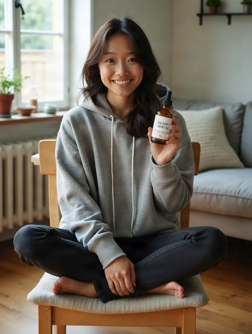 Product holding result: woman sitting on a chair holding up a serum bottle