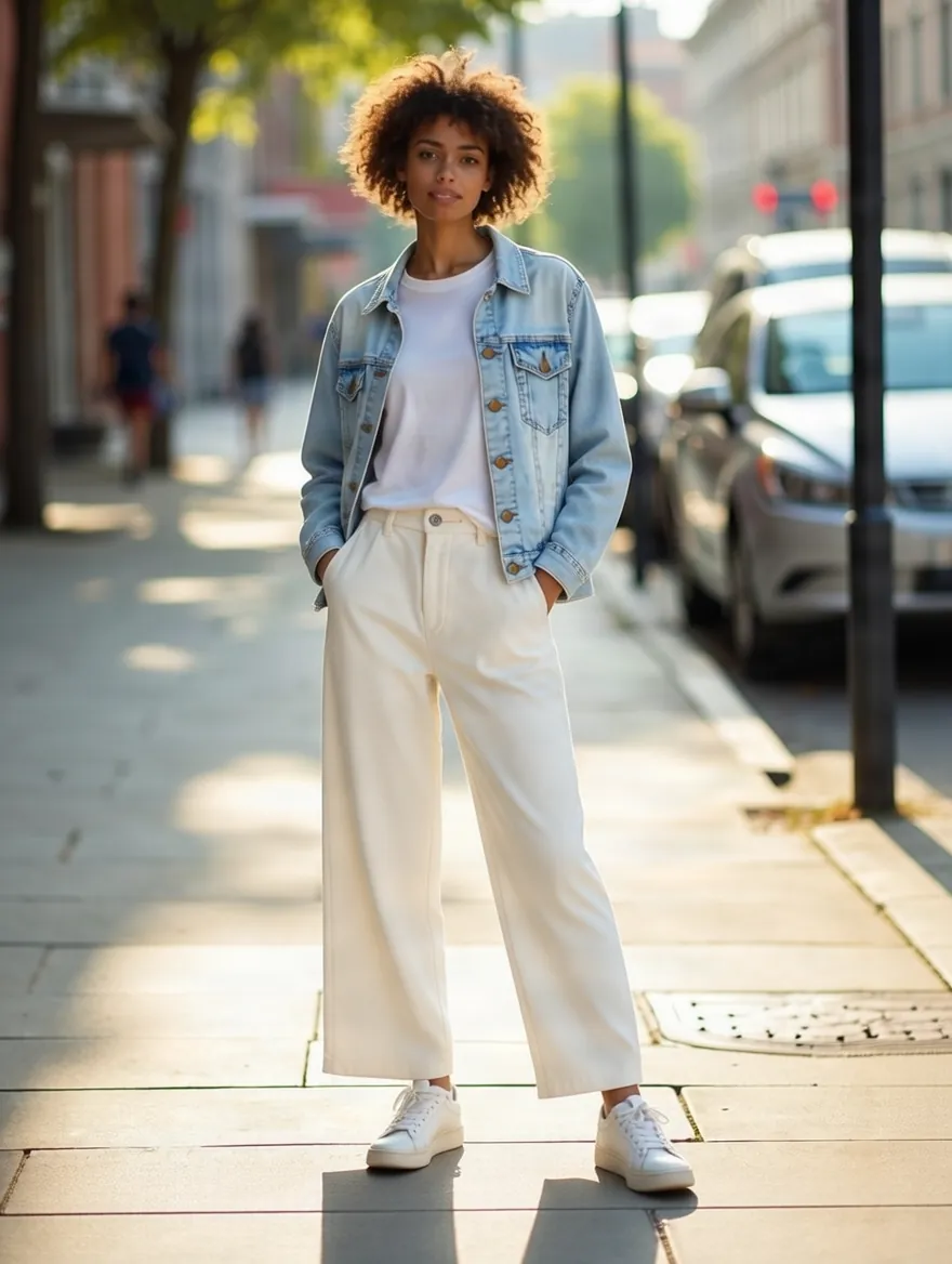 Virtual try-on result: woman on a city sidewalk wearing a light blue denim jacket and cream wide-leg trousers