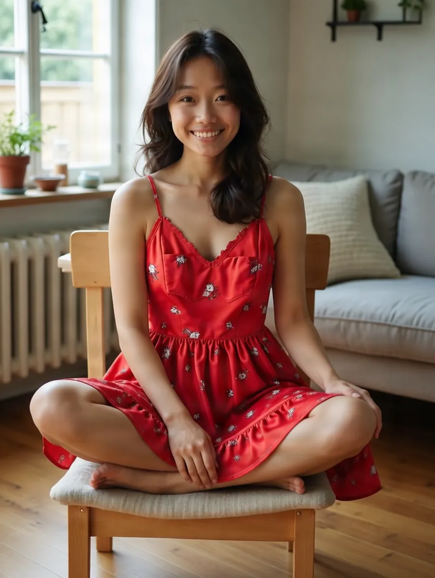 Virtual try-on result: woman on a chair wearing a red floral sundress in place of her grey hoodie