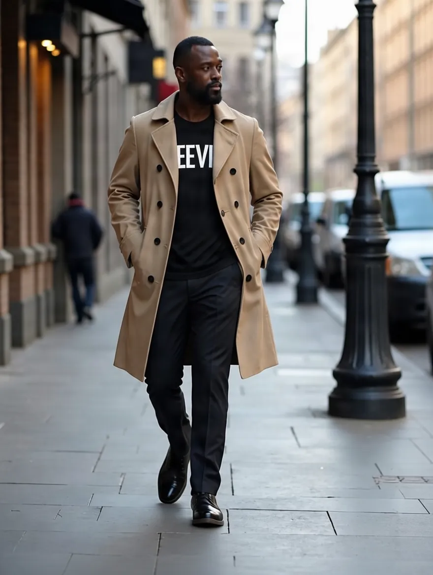 Virtual try-on result: man walking in a trench coat with a black logo t-shirt underneath